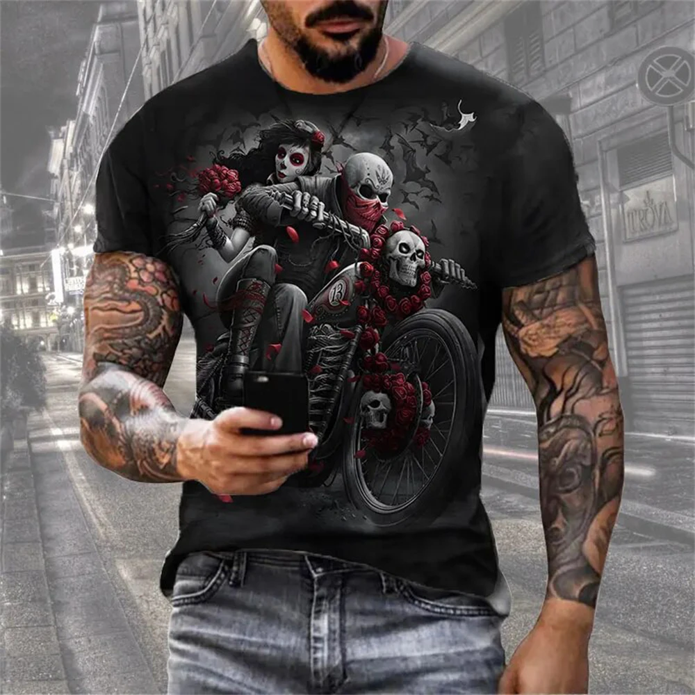 Mens 3D Skull T-Shirt - Black Gothic Short Sleeve Halloween Top