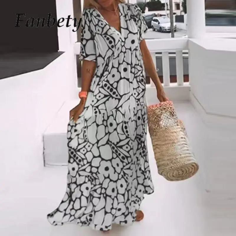 

2023 Ladies Vintage V-Neck Party Beach Dress Summer Boho Print Street Long Dress Women Chic Folds Short Sleeve A-Line Maxi Dress