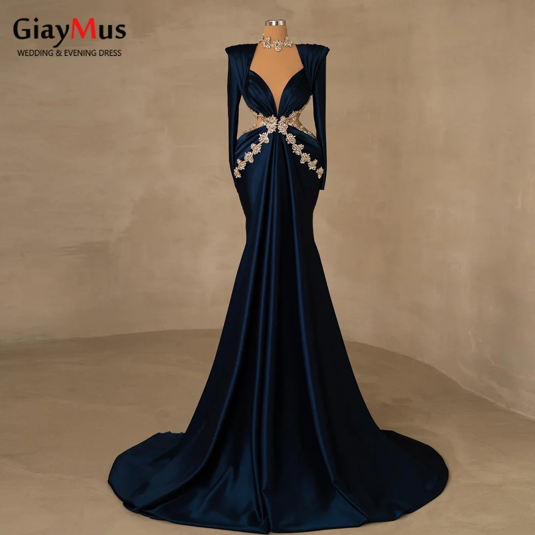 

Navy Blue Arabic Wedding Party Dress for Women Satin Plus Size Two Designs Long Sleeve Formal Prom Gowns Pageant Dinner Robes