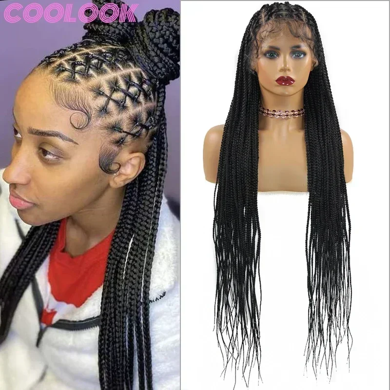 36'' Box Braided Wigs Full Lace for Black Women Criss Cross Long 360 Lace Front Box Braids Wig Synthetic Braid Lace Frontal Wigs