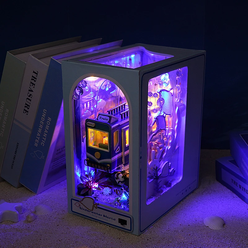 DIY Wooden Book Nook Shelf Insert Kit Ocean Room Doll Houses Underwater House Bookends Miniature Building Kits Bookshelf Gifts 4