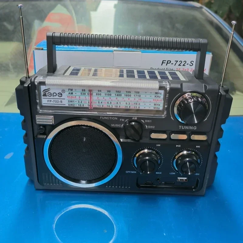 듀얼 태양광 충전 AM/FM/SW1-2 4밴드 라디오 다기능 라디오 휴대용 MP3 음악 플레이어 내장 블루투스 스피커 FP-722-S