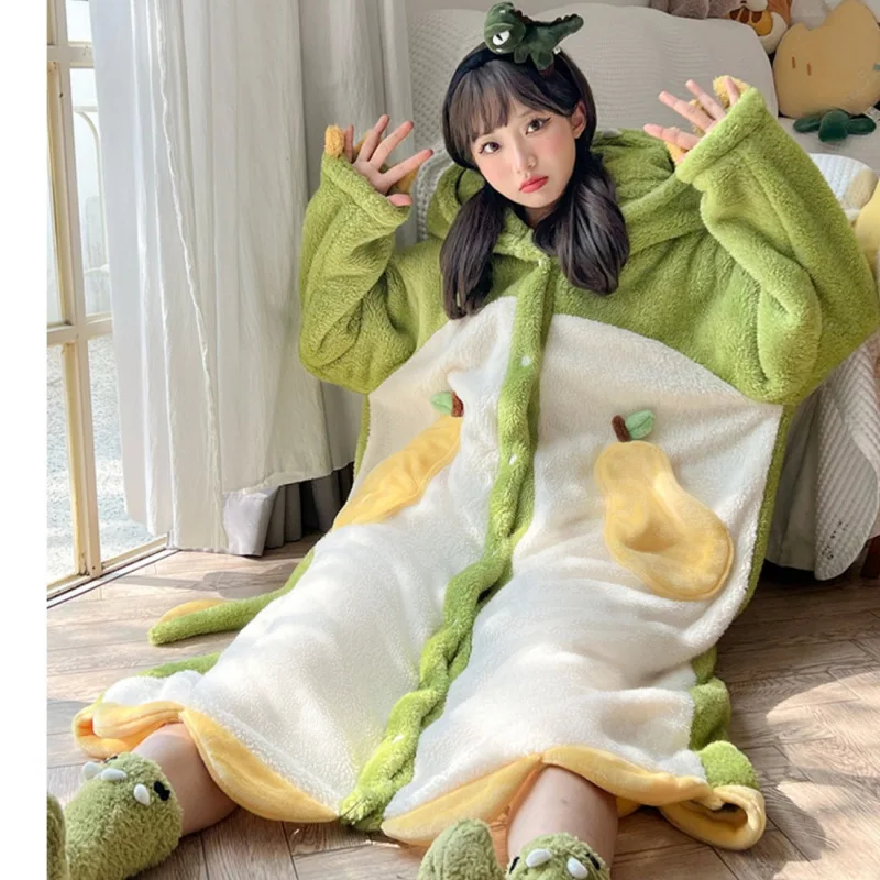 Women's Hooded Nightdress Autumn and Winter Warm Thicken Pajamas Sweet Dinosaur Cosplay Flannel Nightgowns Cute Funny Bath Robes