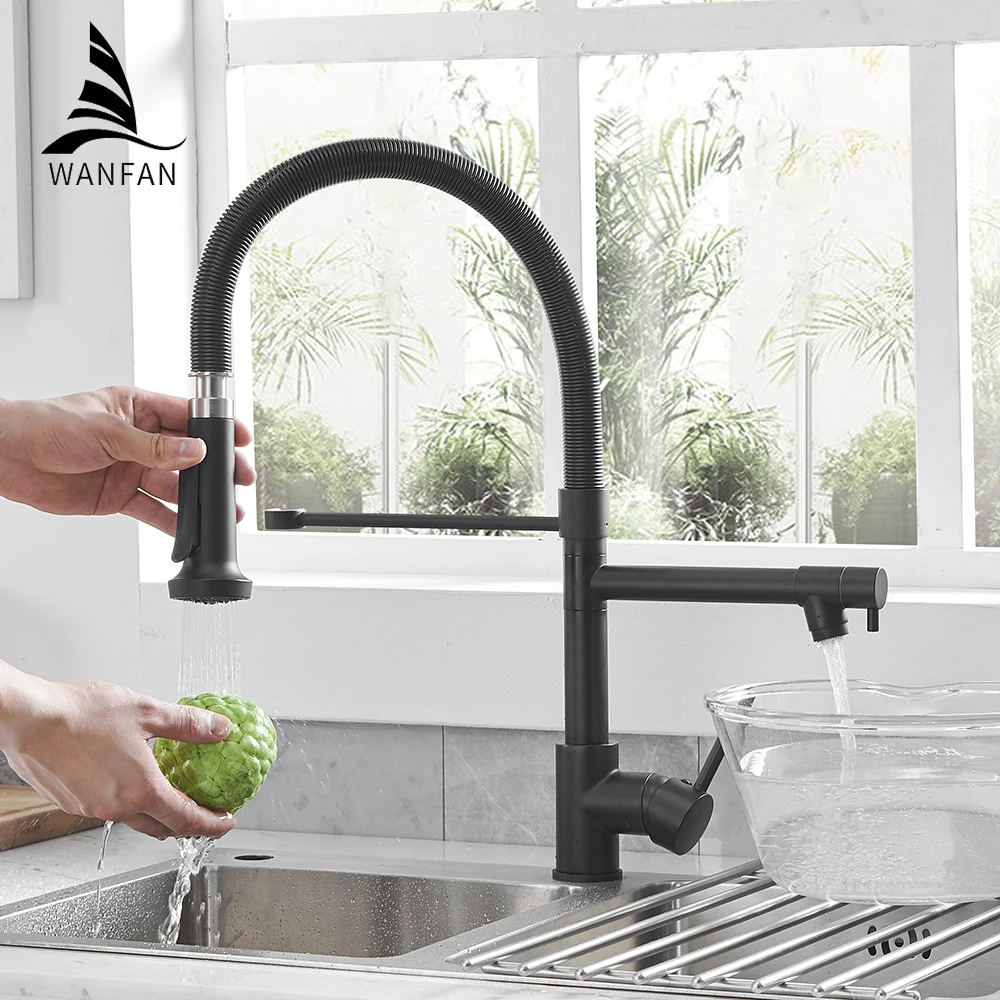 Torneira de Cozinha Pull-down Preta com Pulverizador Fapully Pia de Mola Comercial Níquel Escovado 866038