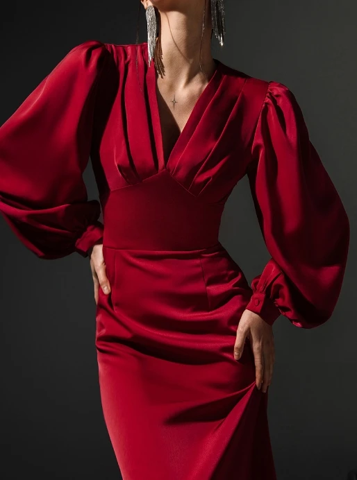 

Women's Fashion Satin Lantern Sleeves Slim Red Dress Temperament Commuting New Women High Waist Elegant Party Mermaid Dresses