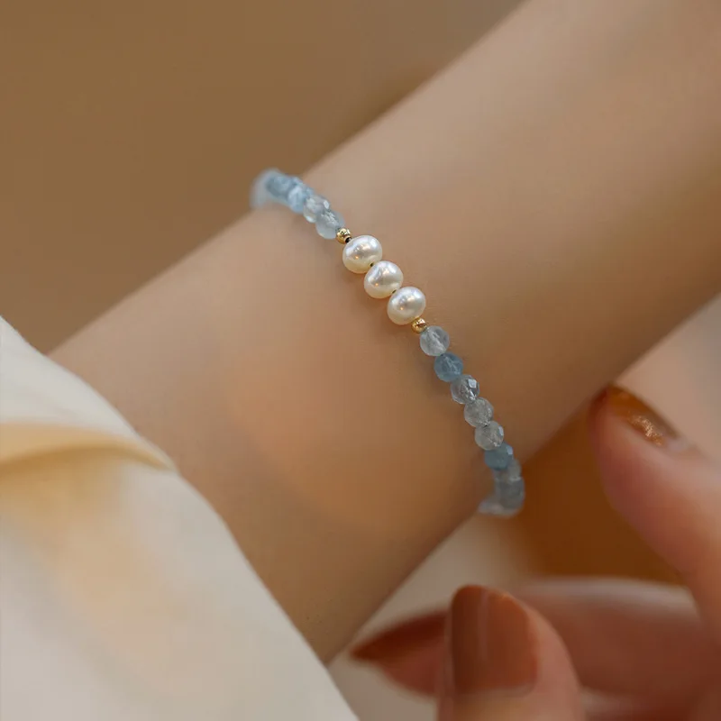 트렌디 100% 천연 담수 진주 블루 크리스탈 14K 골드 채워진 숙녀 비즈 체인 ..