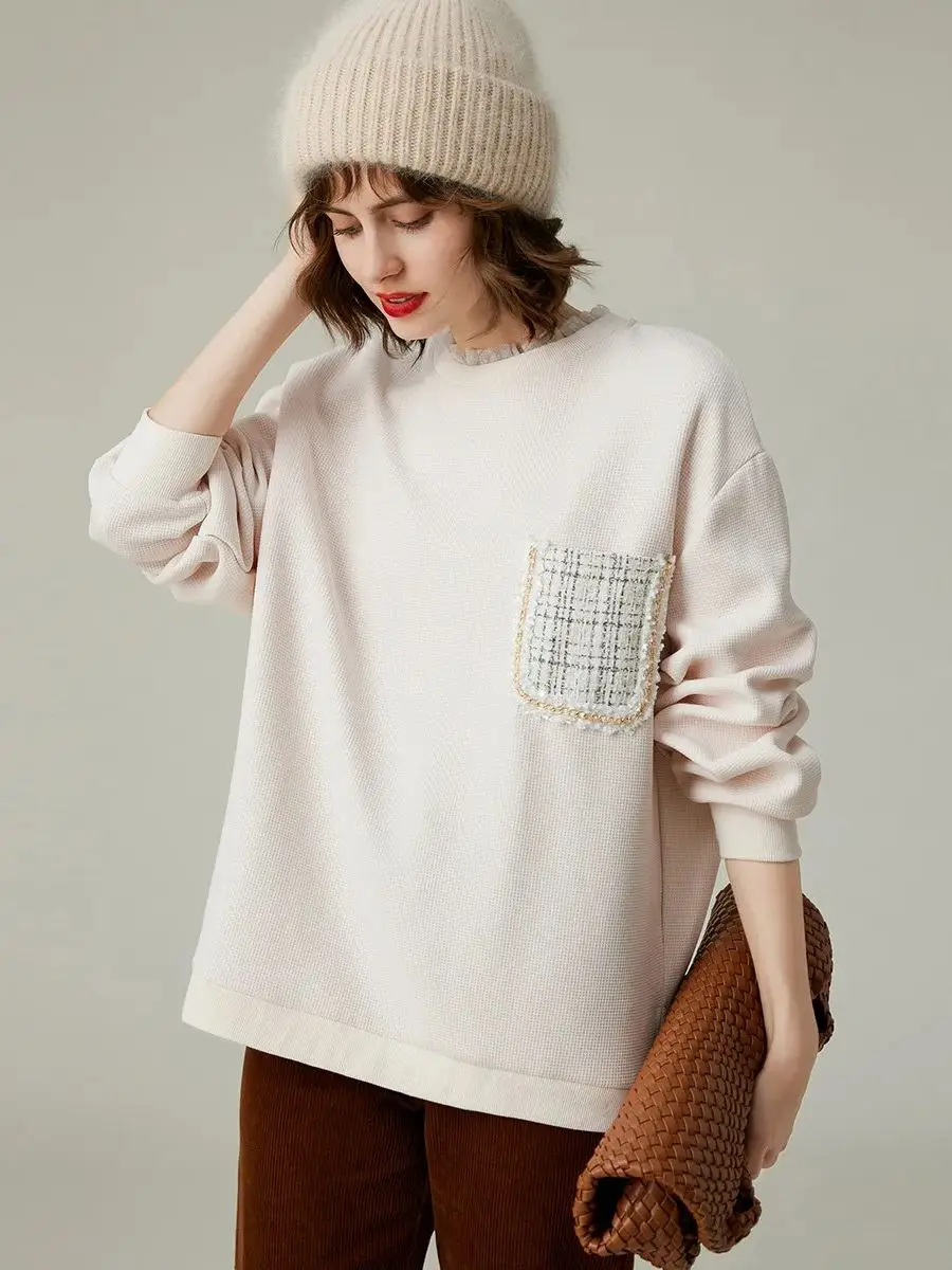 LOUIS YAO Women's Sweater 2023 Autumn Stringy Selvedge Round Neck Long Drop Sleeve Loose Fitting Pullover Women's Top