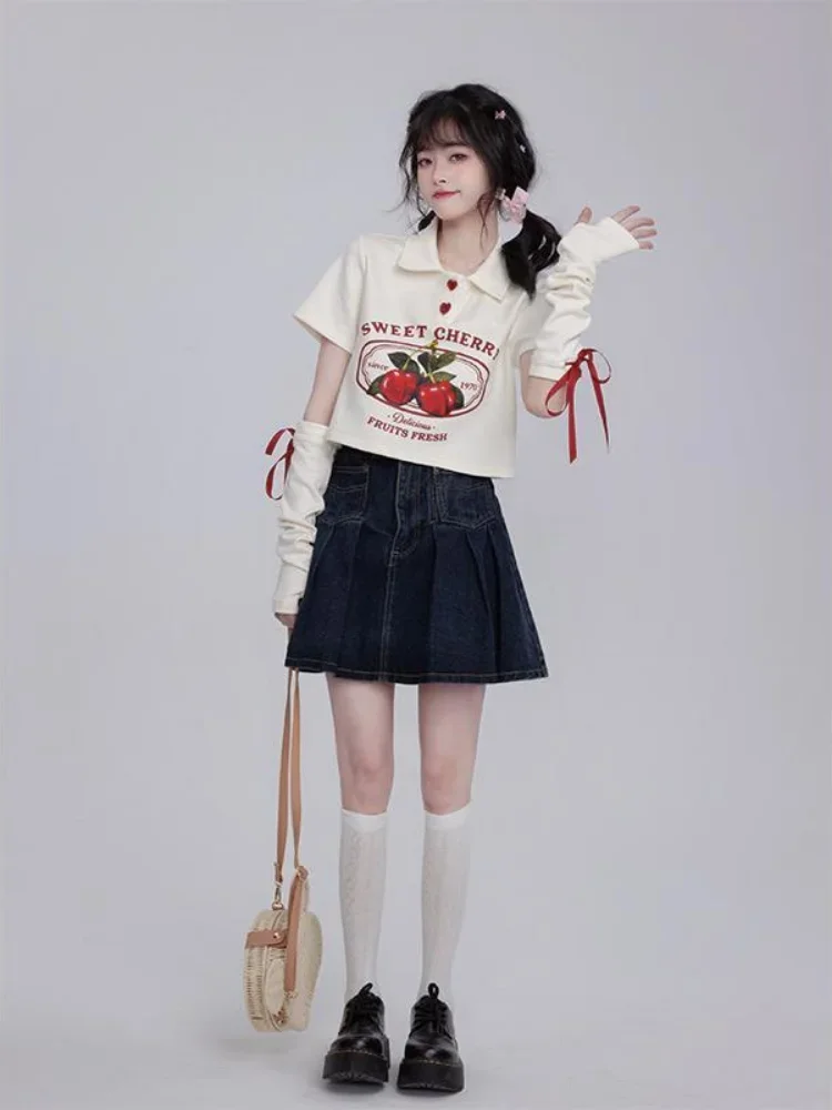 

Короткий топ в японском стиле Y2k, Милая женская футболка с принтом вишни, универсальная свободная эстетичная рубашка в стиле Харадзюку