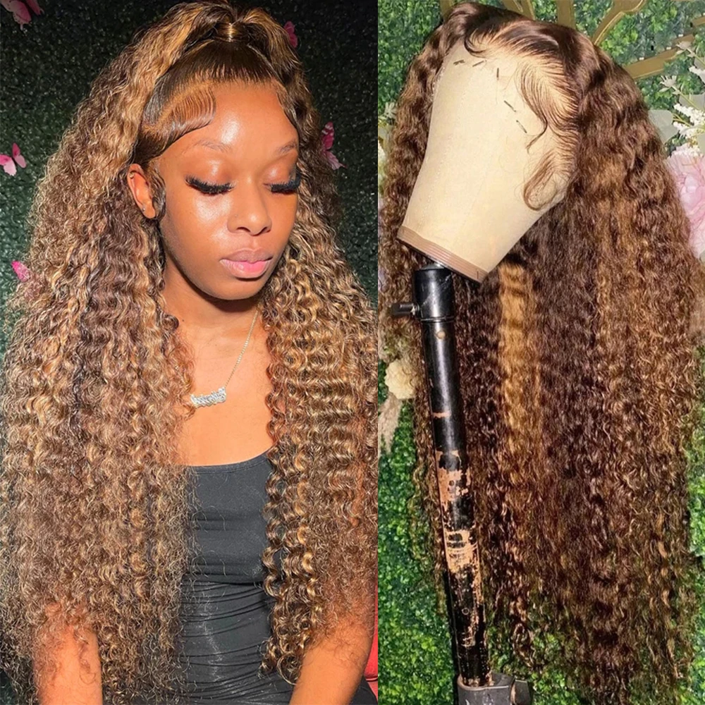 

13X4 Highlight Ombre Lace Frontal Wig Deep Curly Human Hair Wigs HD Transparent Honey Blonde Deep Wave Lace Front Wigs for Women