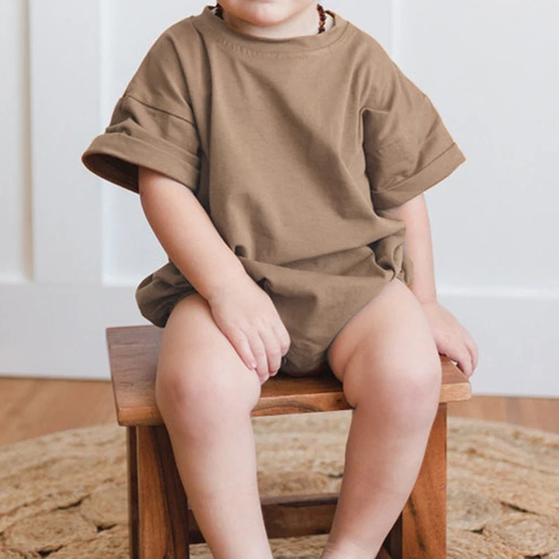 Baby Boy Girl Solid Color Short Sleeve Bubble Romper Oversized T-Shirt Bodysuit Top Summer Baby Jumpsuits Clothes 2