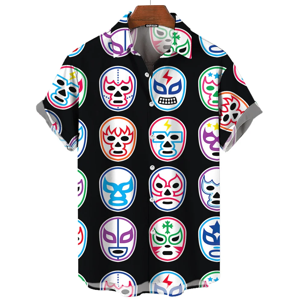 3d Mask Print Men's Shirt Summer lucha libre Short Sleeve Shirt  Casual Hawaiian Shirt For Men Loose Clothing Mexican Wrestling 2