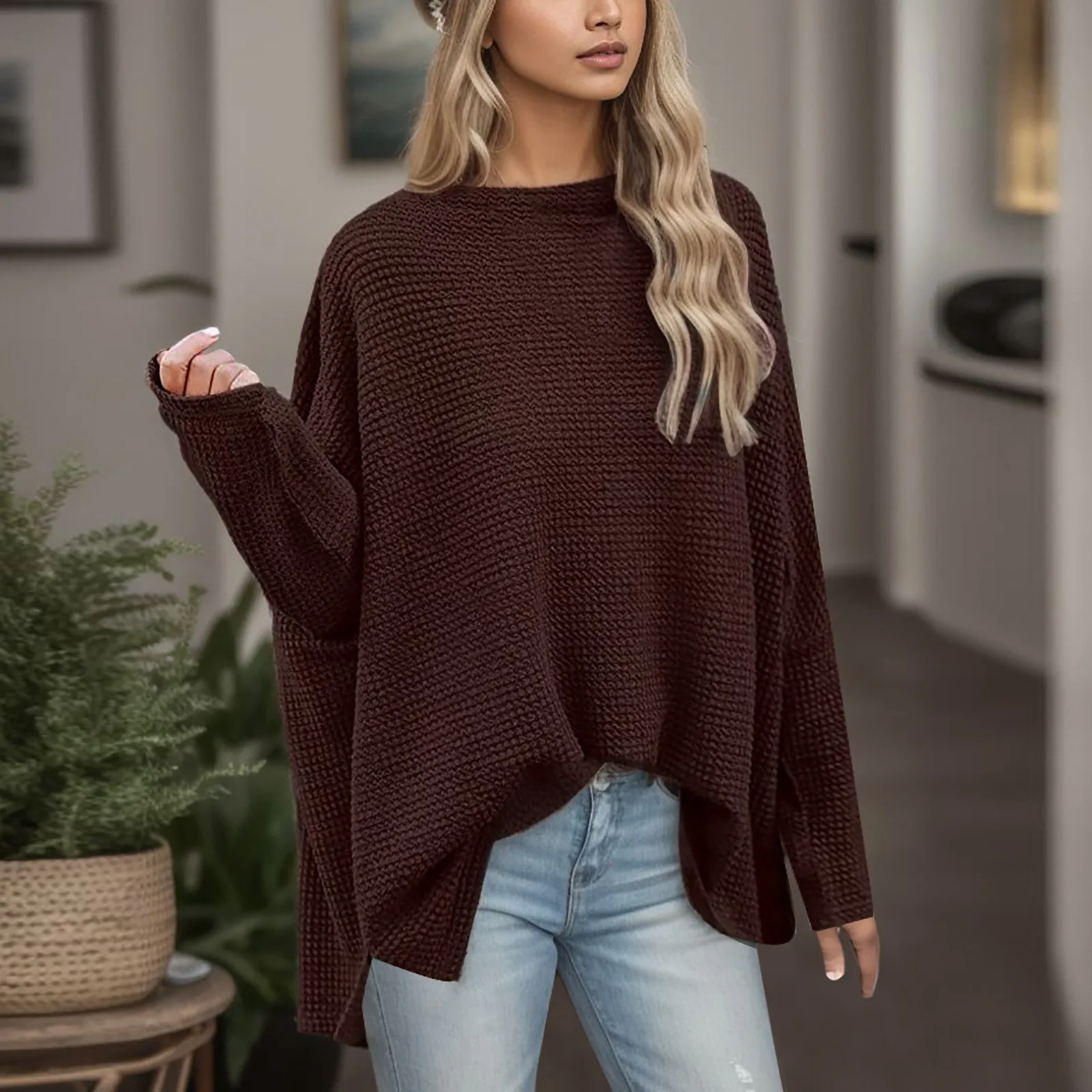 

Women's Bat Long Sleeve Waffle Knit Oversize Pullover Autumn Winter Fashion Harajuku Solid Jumpers Women Loose Knitted Sweaters