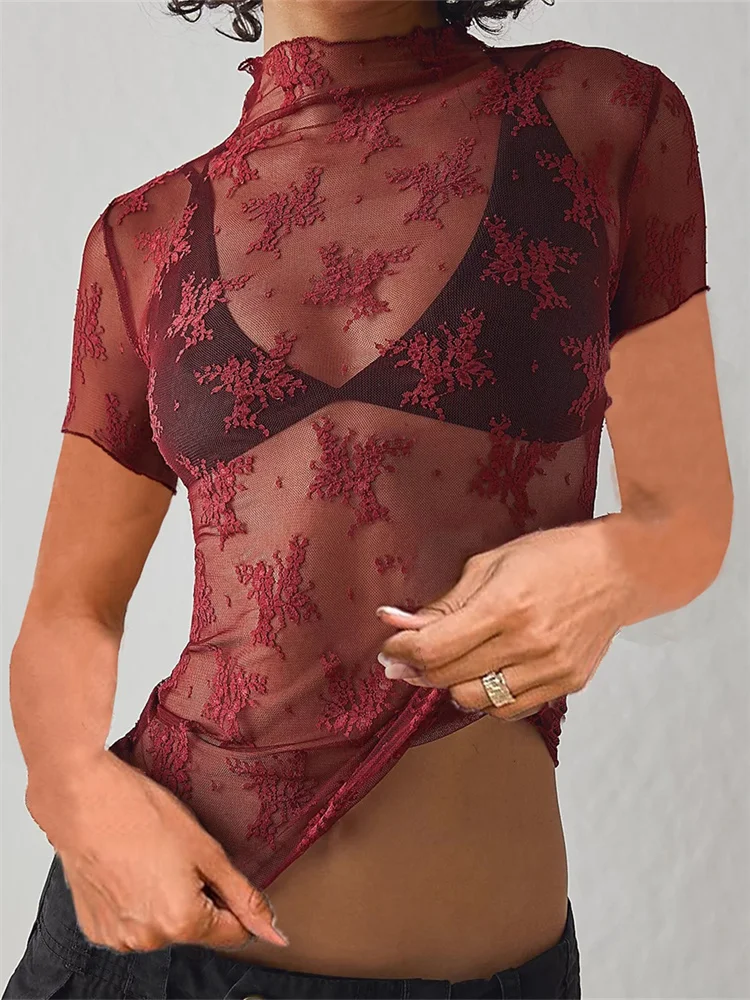

CHRONSTYLE Sexy Women Short Sleeve T-Shirts Mesh See-Through High Neck Lace Floral Summer Fall Slim Fit Tees Top Streetwear 2024