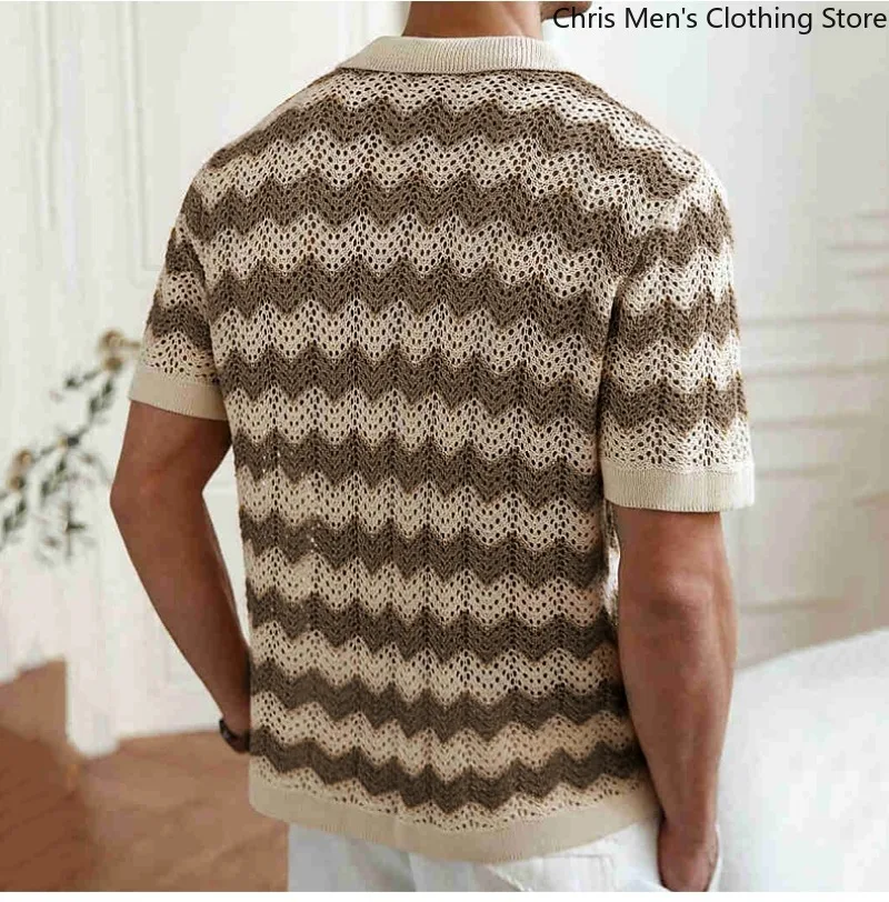 Summer New Hollow-knit Men's Shirt Business Leisure Lapel Men's Knit Shirt Street Fashion Brand Cardigan
