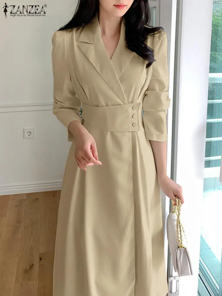 

ZANZEA Women Elegant OL Long Sleeve Dresses Suit Collar Maxi Dress Fashion Waisted Buttons Long Robe Office 2023 Autumn Vestidos