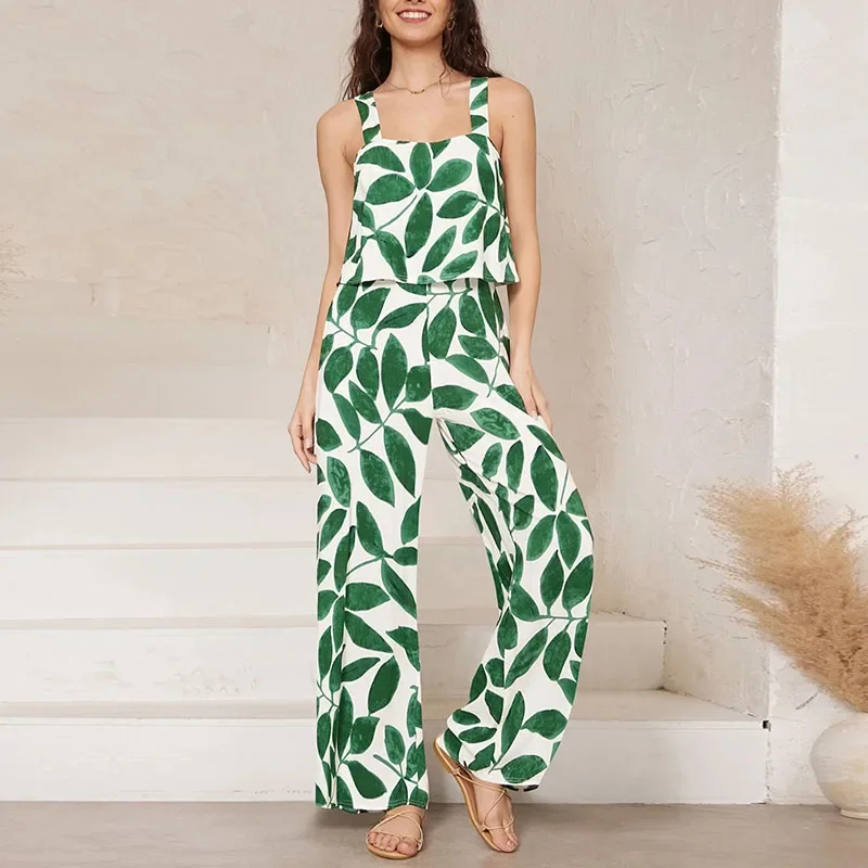 

Summer Lady Commute Straight Long Pants Jumpsuits Fashion Printing Sleeveless Elastic Waist Sling Trousers Female Party Rompers