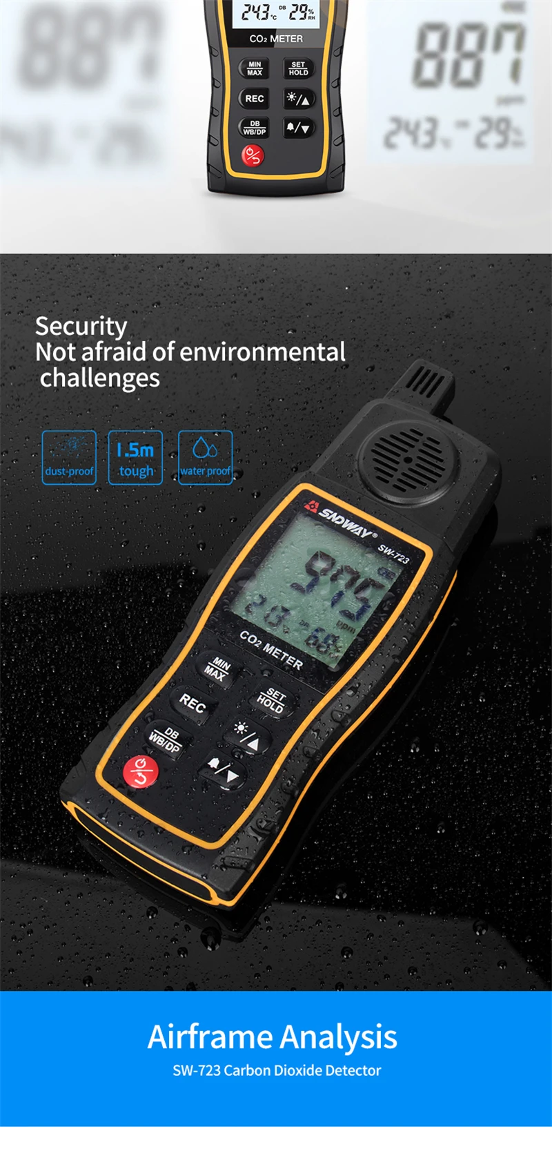 SNDWAY SW-723 Gas Detector Carbon Dioxide CO2 Monitor Alarm 9999 PPM Sensor Prof