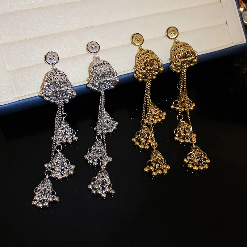 Retro Gold Color Birdcage Bell Drop Earrings for Women Mini Round Beads Long Tassel Earrings Dangle Retro Gypsy Ear Jewelry