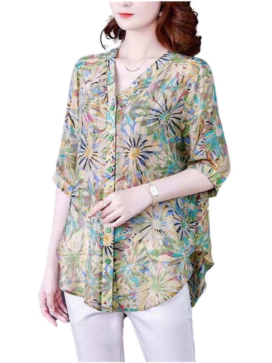 

Блузка женская тонкая свободного покроя с коротким рукавом и V-образным вырезом