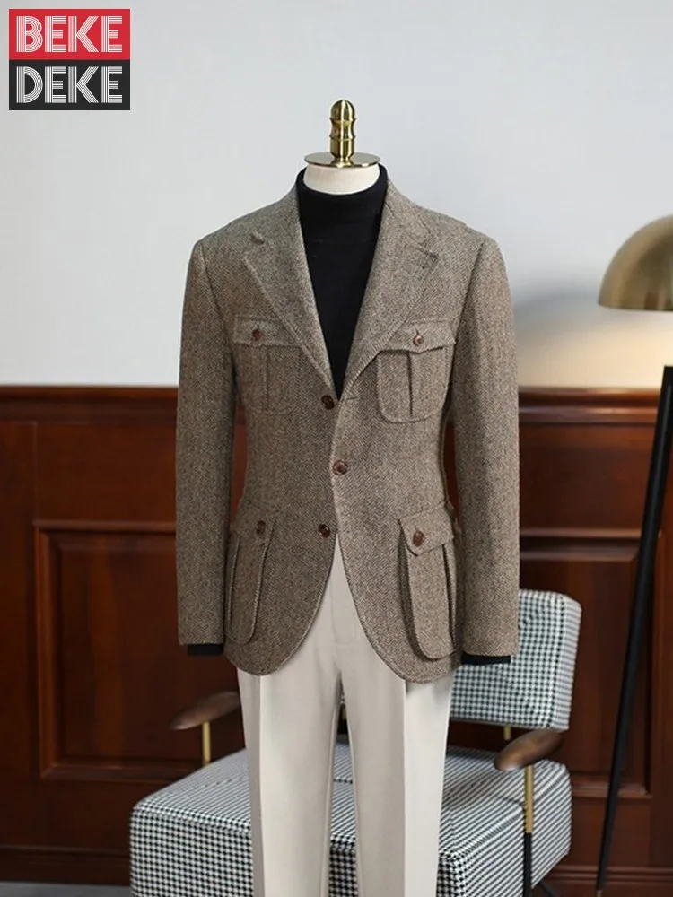 Business Men Multi Pockets Single Breasted Slim Fit Woolen Blends Jacket Office Work Autumn Outerwear Suit Coat Plus Size 5XL 1