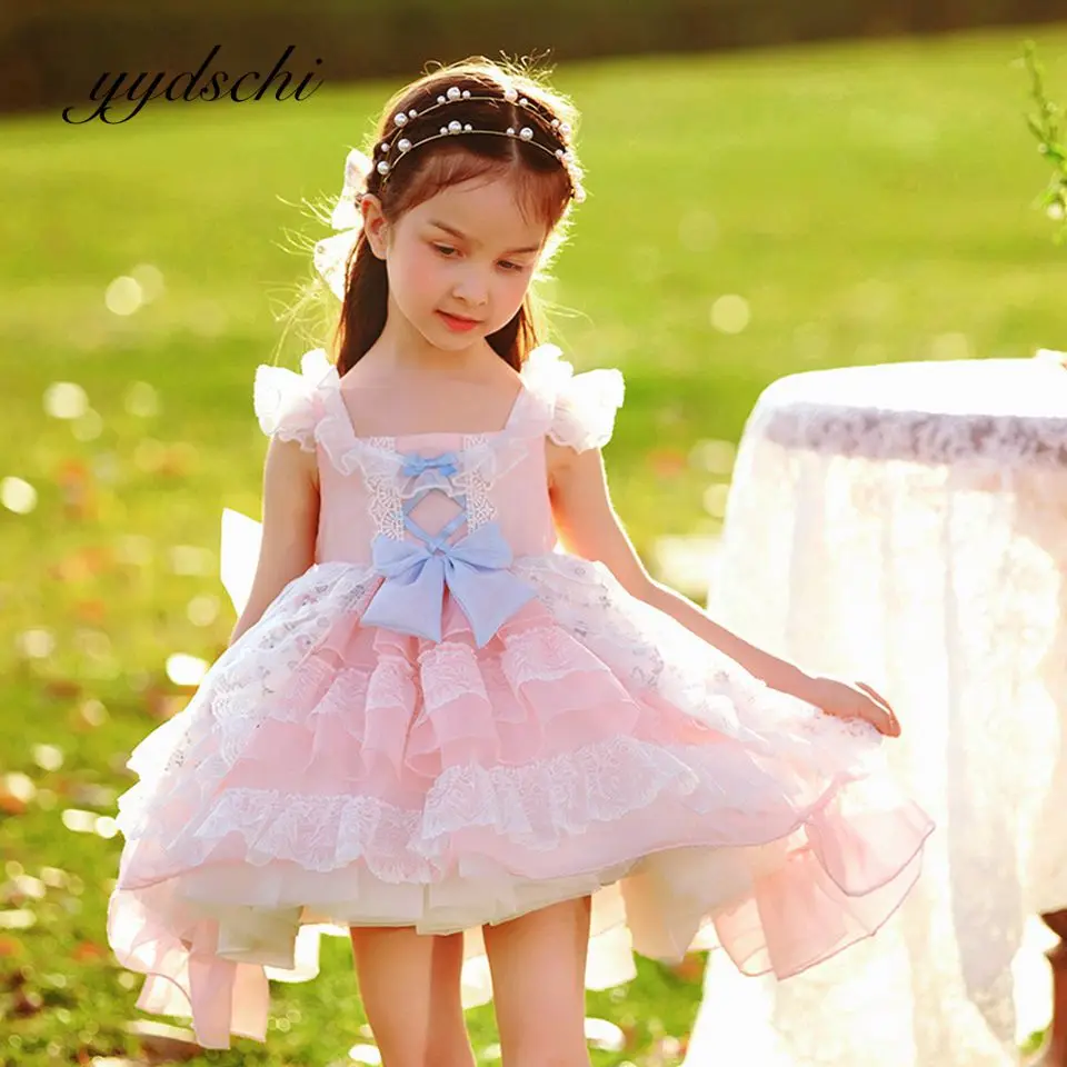 2022 Pink Flower Girl Dress Bow Short Sleeves Girls Wedding Party Dress