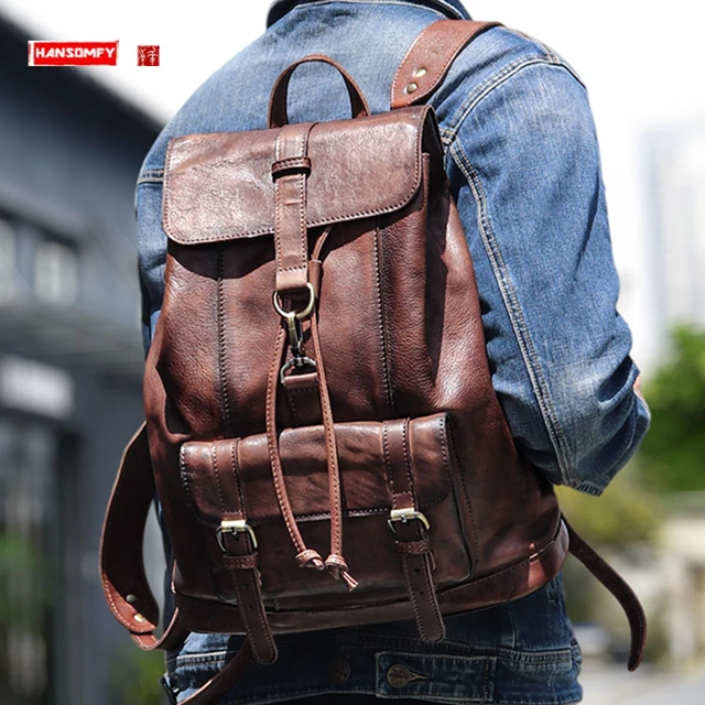 Mochila Vintage de cuero genuino para hombre, bolsa para ordenador portátil  de 14-15,6 pulgadas