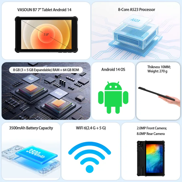 PRITOM 7" Android 14 Tablet | 8GB RAM + 64GB ROM | Octa-Core | WiFi6 3