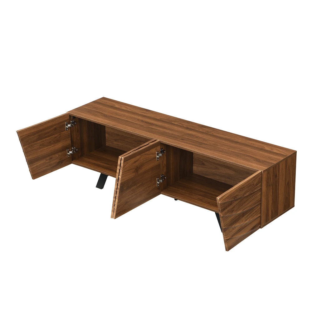160 x 39 x 50,5 cm großer TV-Schrank mit Wellenfront, Lowboard in Walnuss-Optik mit schwarzen Eisenbeinen, großer Stauraum, Kabelmanagement und Stauraum – Detail 9
