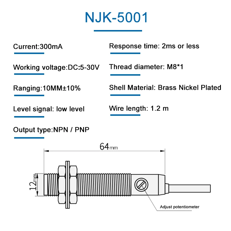 10MM 감지 거리 M8 NJK-5001 DC 5-30V 3선 홀 자기 유도 근접 센서 스위치