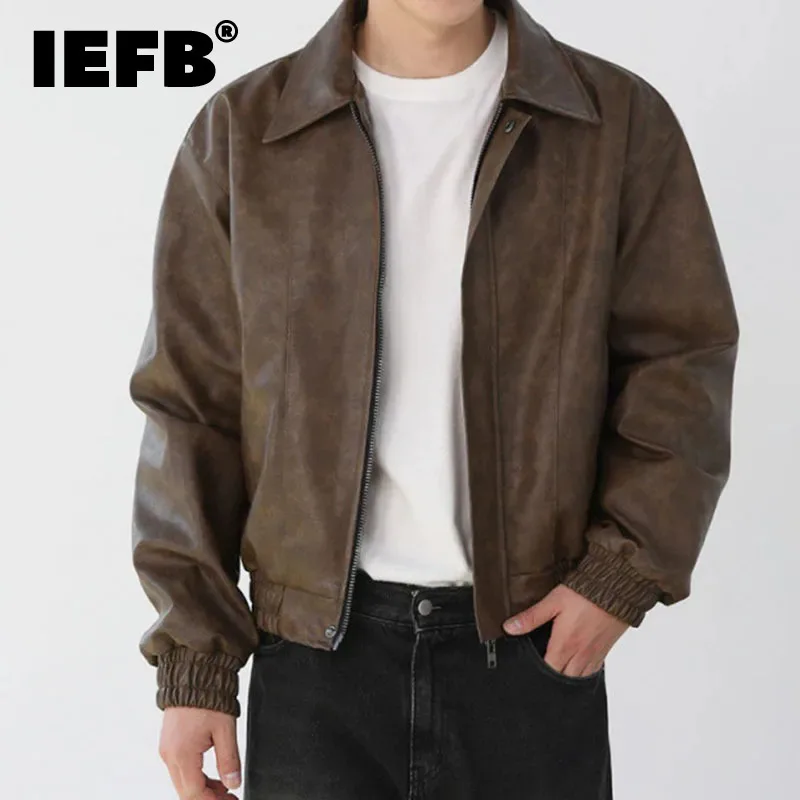 IEFB Short PU Leather Jacket Men's Spring Summer Korean Style Loose Collar Male Coat Lapel Zipper 2024 New Fashion 9C5007