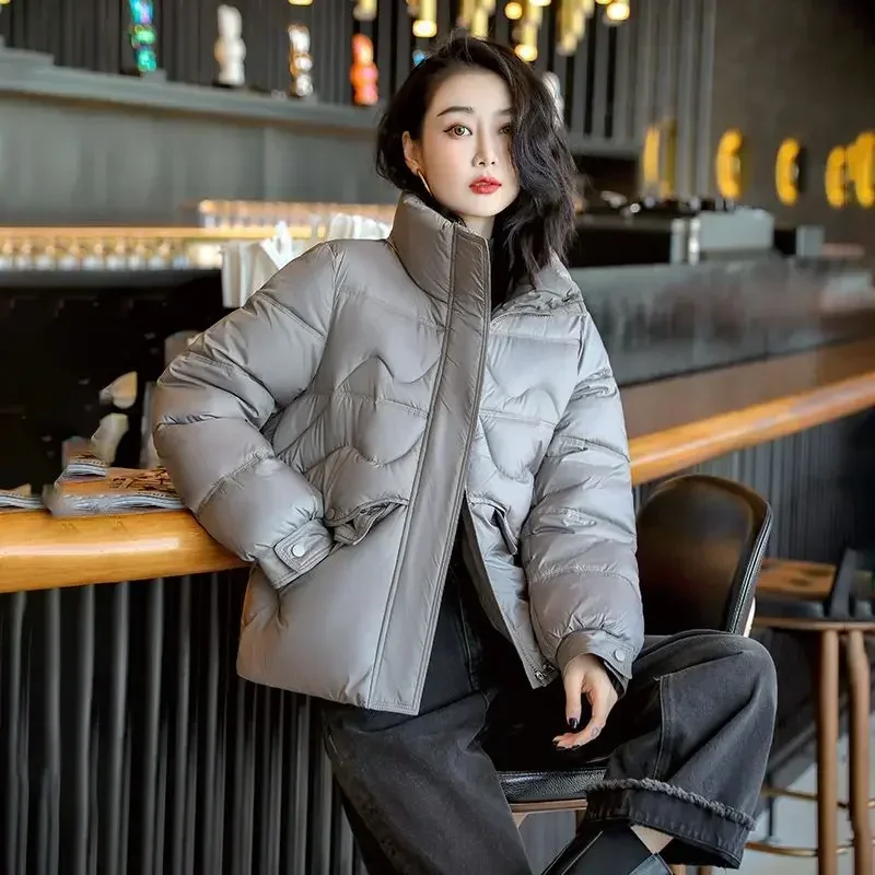 

Стеганая укороченная серая куртка в стиле пэчворк, Женское пальто с толстой подкладкой, черная короткая зимняя теплая одежда на утином пуху