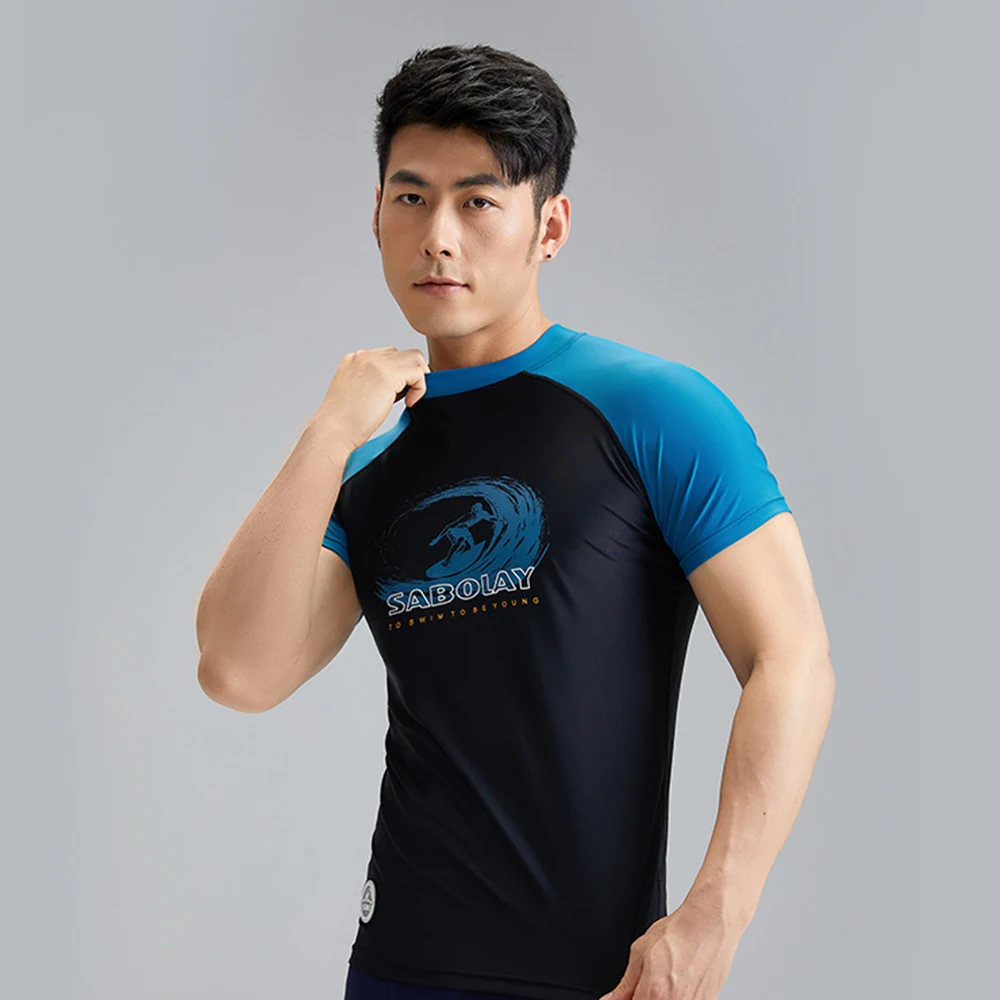 

2023 Men's Fashion Split Short Sleeve Swimwear Outdoor Sports Sun Protection Surfing Suit Quick Drying Breathable Swimwear Top
