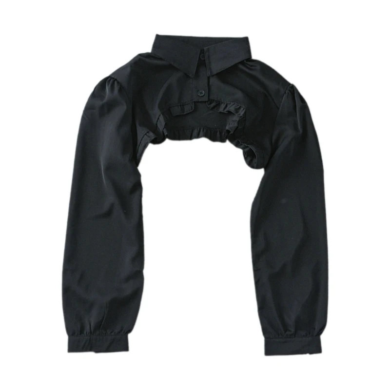 

Women's Long Sleeve Button Front Collared Cropped Blouse Shirt Top
