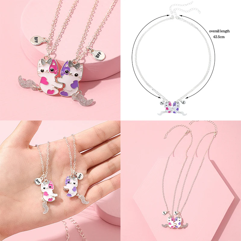 2 parti/set simpatico ciondolo a forma di gatto cartone animato catena migliori amici collana bff amicizia bambini gioielli regalo per ragazze_voghion.com