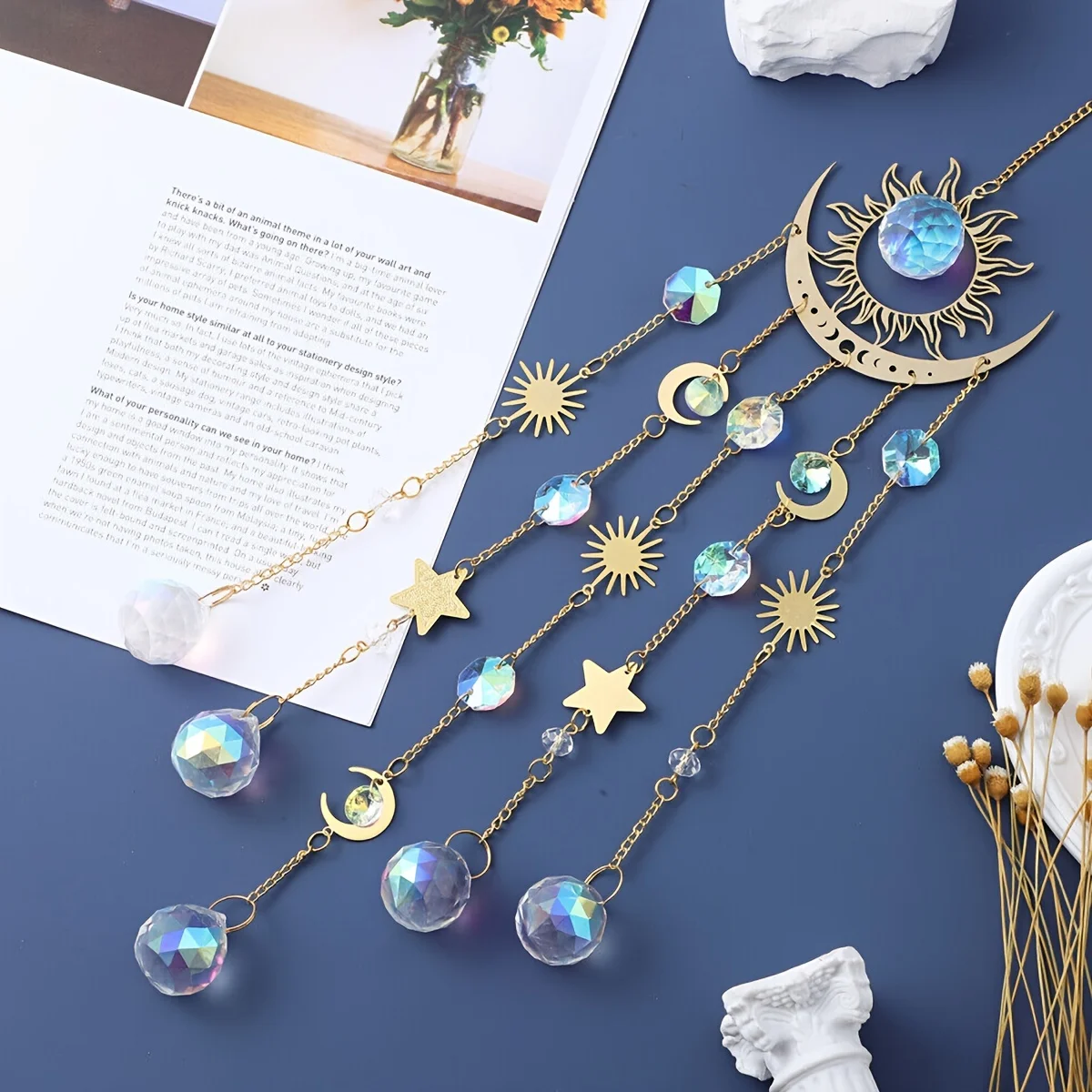 1pc gold flame moon crystal pendant sunlight catcher outdoor garden ab color hanging decorations hanging ornaments