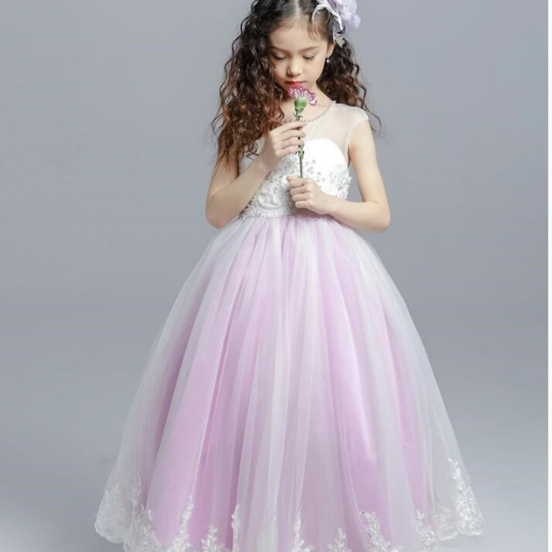 

Girl Communion Champagne Lace Ball Gown Flower Girl Dresses Long Sleeve Girl Princess Dress Illusion Girl Wedding Party