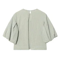 2026 New Women's Fashion Simple and Versatile Short Sleeve Round Neck Checkered Balloon Sleeve Top - Image 3