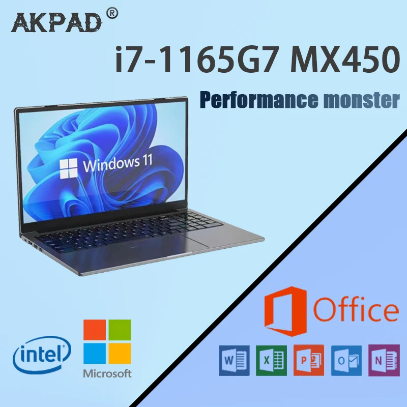 AKPAD MAX 64GB RAM MAX 2TB SSD 게임용 노트북, 15.6 인치 IPS 스크린, 인텔 코어 I7-1165G7 MX450 2G 노트북, RJ45 윈도우 10 11 프로