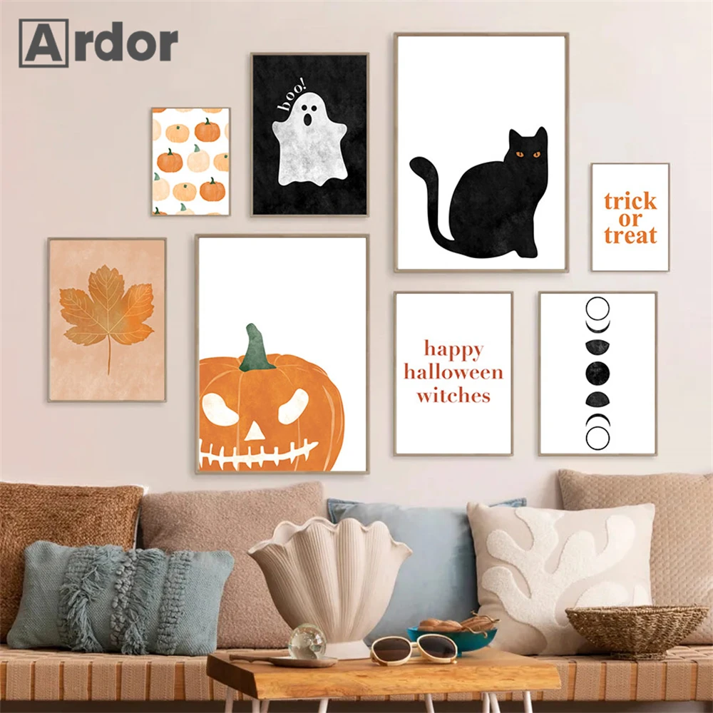 

Black Cat Ghost Poster Happy Halloween Wall Art Canvas Painting Pumpkin Print Pictures Nordic Wall Posters Living Room Decor
