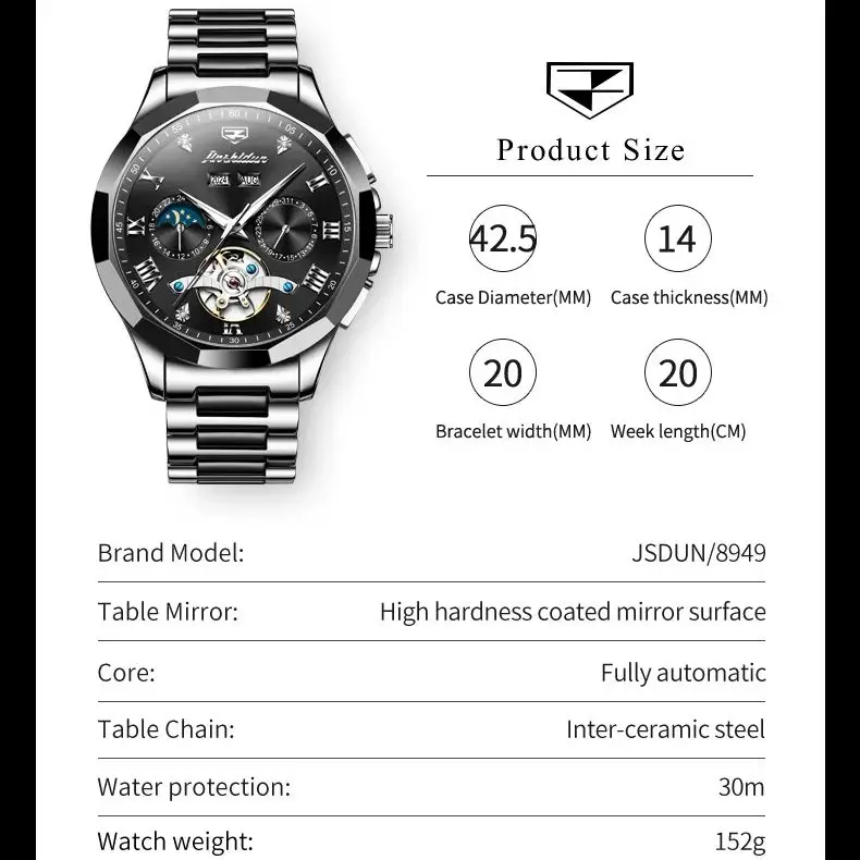 JSDUN Moon Phase Men's Automatic Watch Elegant Ceramic Strap Stainless steel Skeleton Chronograph Date TOP Brand Man Watches NEW