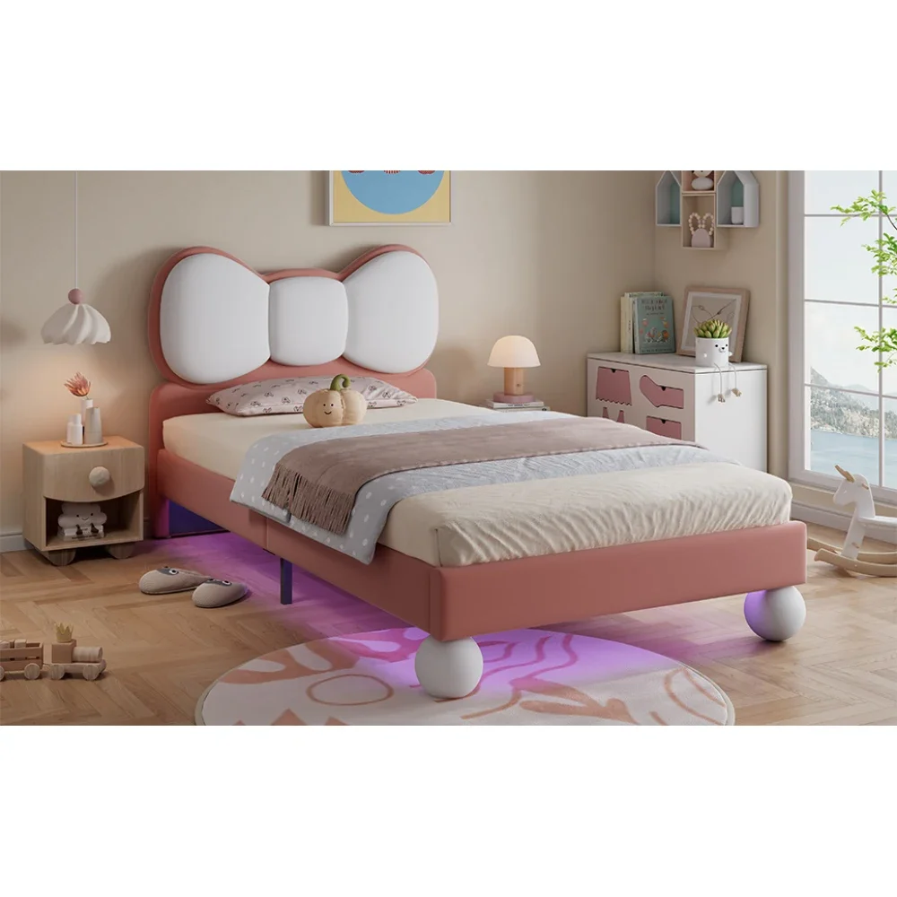 Gepolstertes Einzelbett, Babybett mit fliegenförmigem Bettkopf und farbverstellbarem LED-Lichtstreifen unter dem Bett in Beige + Rosa – Detail 15