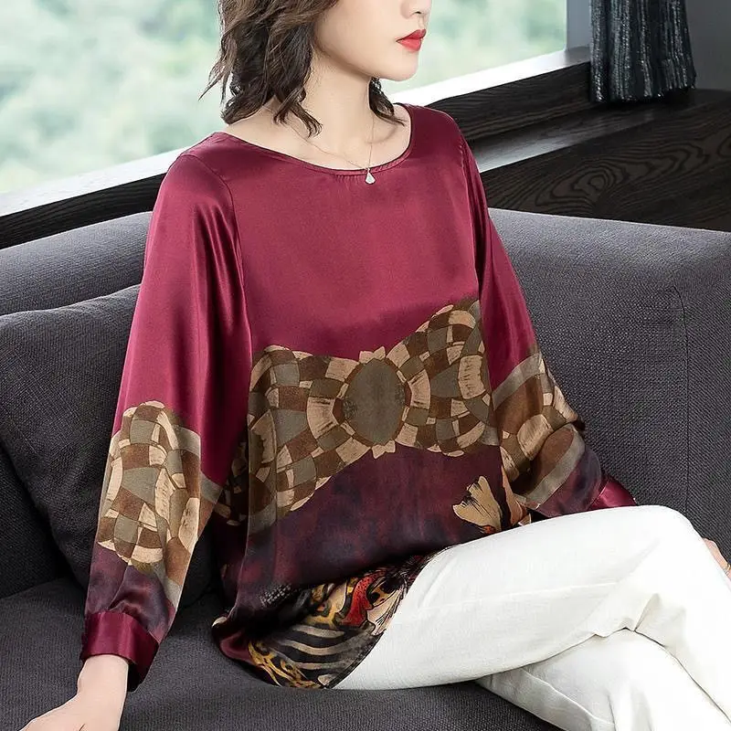 2023 New Spring and Autumn Fashion Commuting Simple Round Neck Print Loose Casual Slim Oversize Versatile Women's Shirt