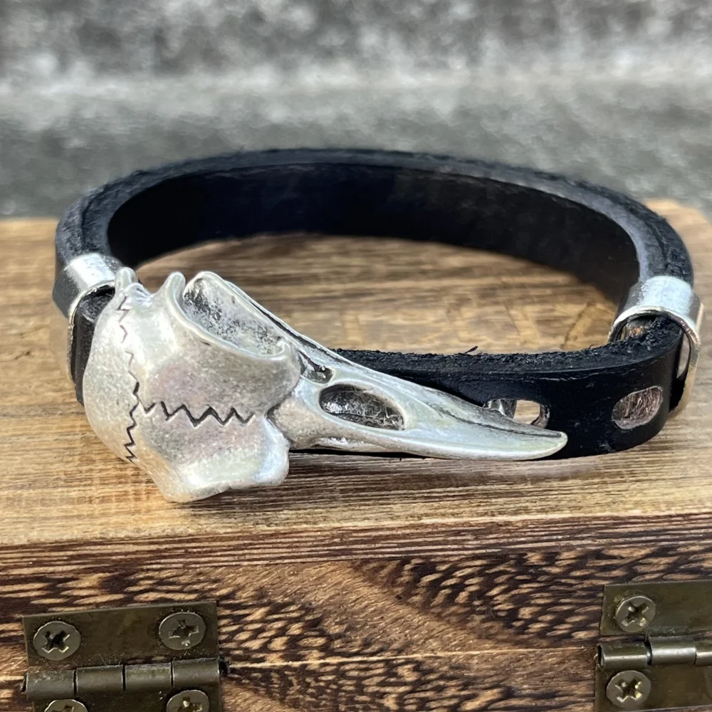 Norse Odin Raven Skull Punk Black Brown Genuine Leather Adjustable Cuff Bracelet Bangles Mens Womens Accessories Dropship 2