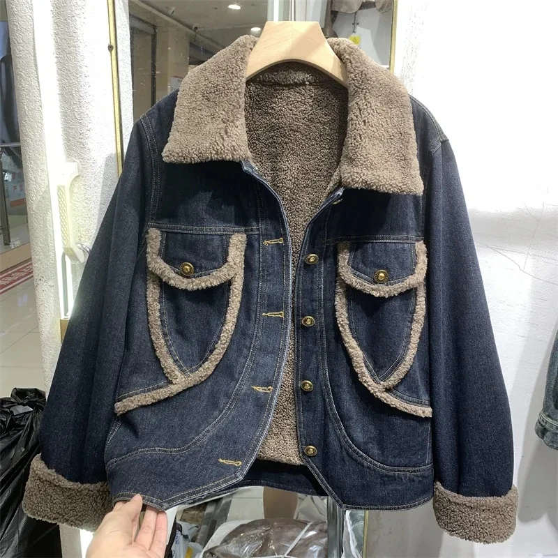 

Denim Jacket Women's Overcoat Plus Velvet Lamb Fleece Pie Overcome New Autumn Winter 2023 Loose Splicing Jackets Short Tops