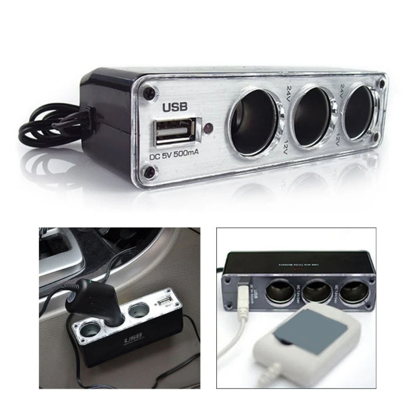 Car Socket Expander with USB Charging Power Adaptor Cigarette Lighters Splitter