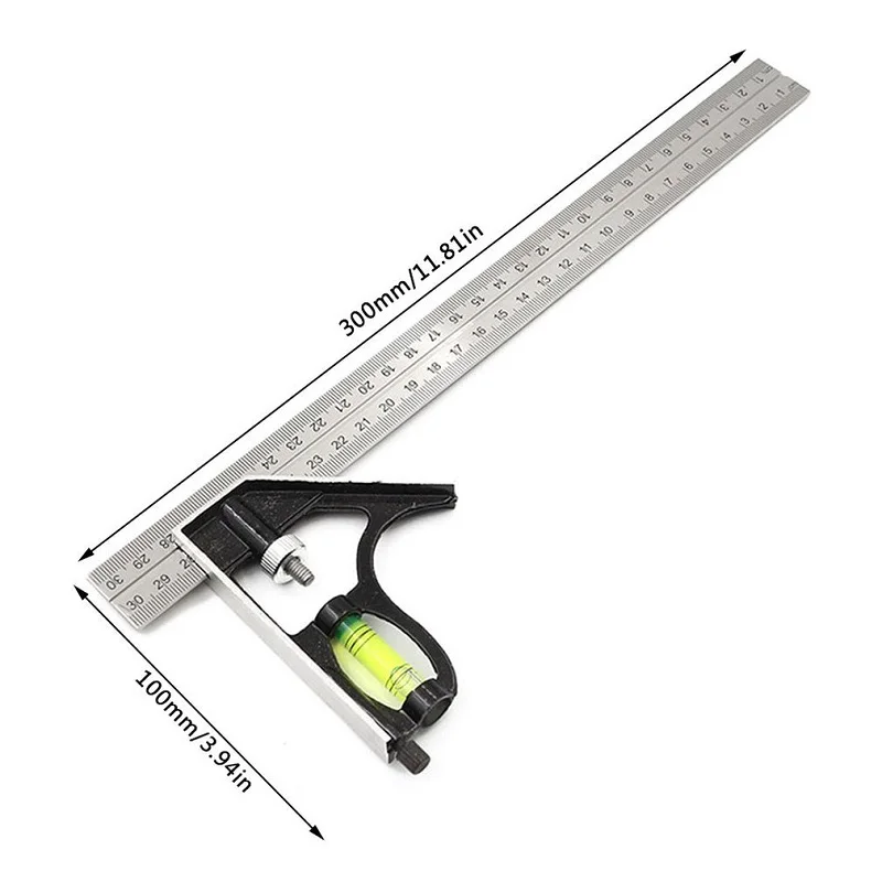 300mm Try Square Set Precise Stainless Steel Measuring Tool Combination Square Right Angle Workshop Carpenter Angle Level Ruler stainless steel ruler,ruler set,metal ruler,straight ruler,triangle ruler
