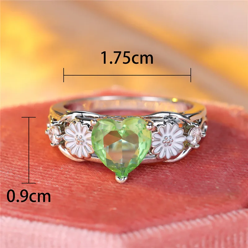 Cute Female Green Zircon Stone Sunflower Heart Engagement Ring Charm Silver Color Wedding Jewelry For Women