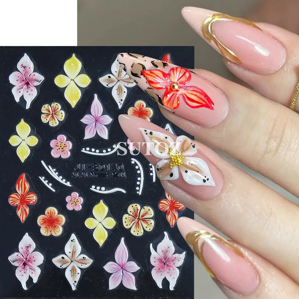 5D Gold Hawaiian Flower Nail Art Stickers Colorful Hibiscus Petal Decal Relief Lily Nail Sliders Charms Manicure Decors LEBJI-5D nail stickers nail art decoration nail decals flower stickers