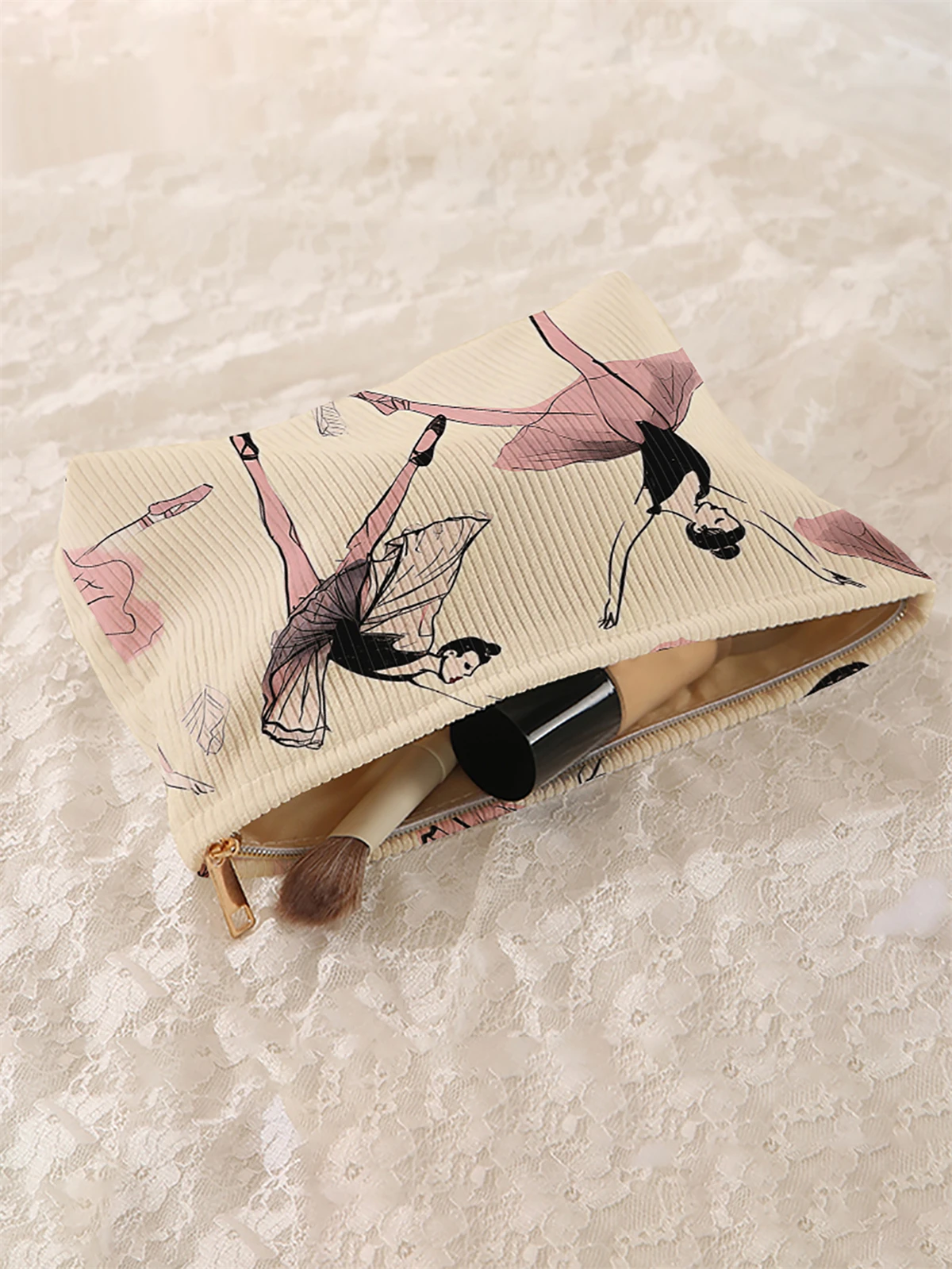 1 dancer patterned corduroy makeup bag, lightweight zipper makeup storage box, multifunctional bag with lining