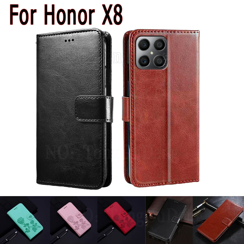 

Чехол для Honor X8, чехол для Honor X8, откидной Магнитный кошелек для карт, кожаный защитный чехол для телефона, чехол-книжка для Honor X 8, искусственная сумка